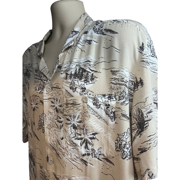 Harley Davidson Motorcycles Retro Floral Beige Hawaiian Button Front Shirt XL - Picture 4 of 8